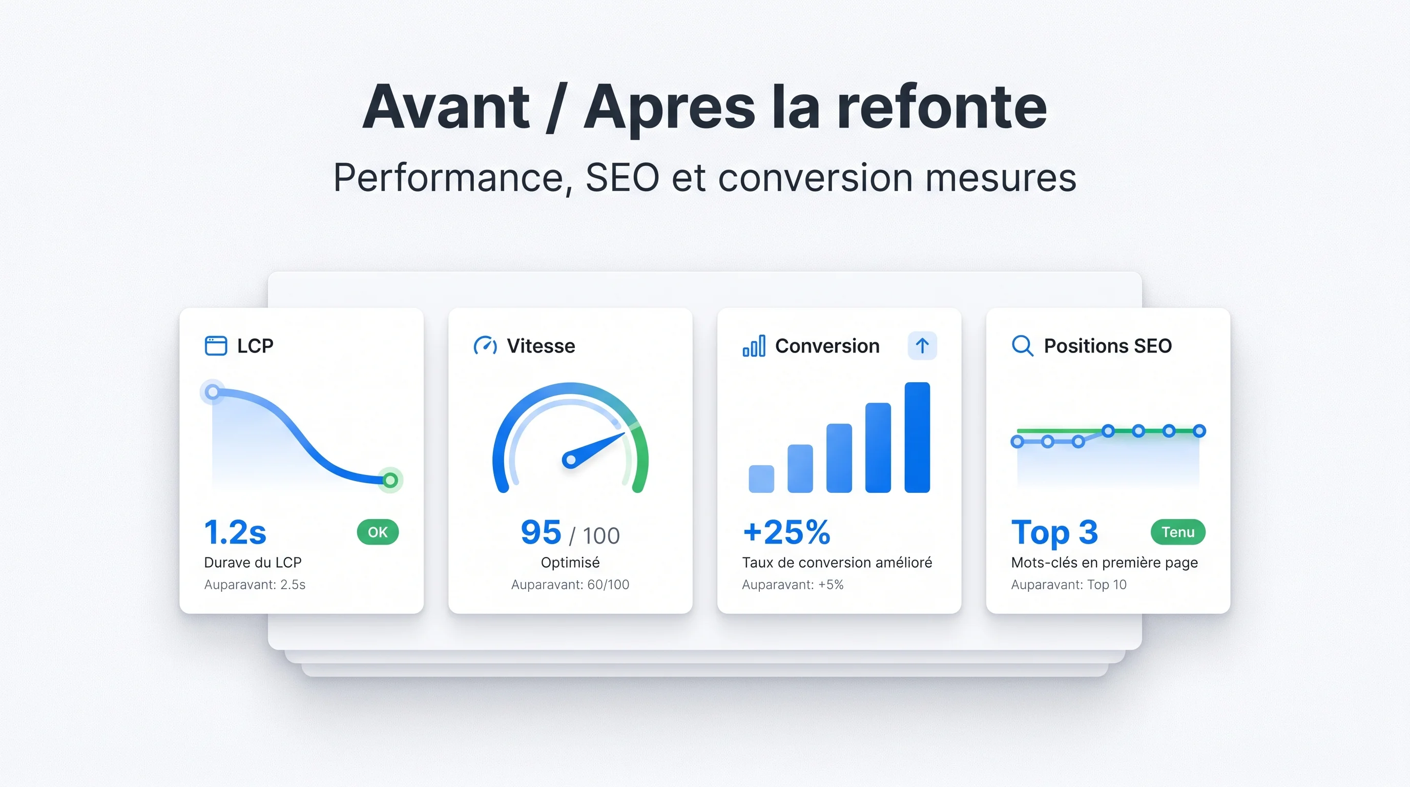 Tableau de bord avant/après une refonte montrant LCP, vitesse, conversion et positions SEO mesurées